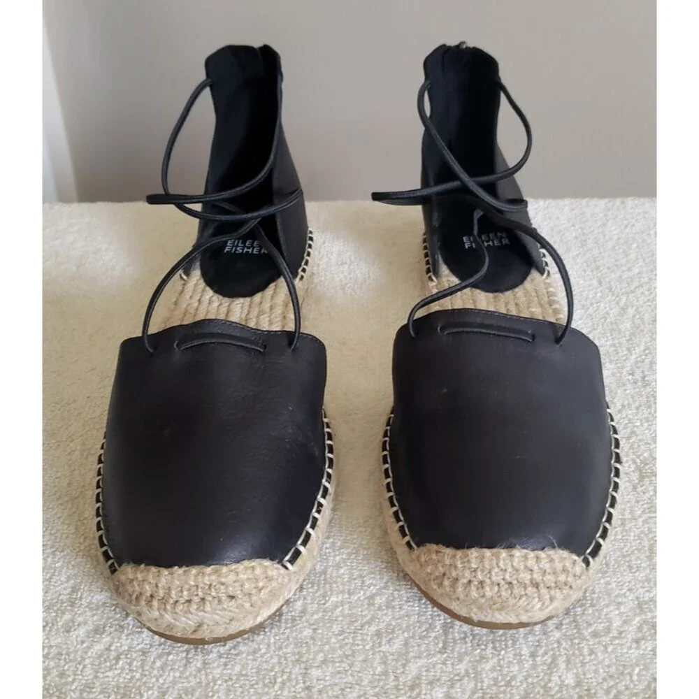 EILEEN FISHER Lace Leather Espadrille Black Flat Slip On Closed Toe Sandal Sz 10
